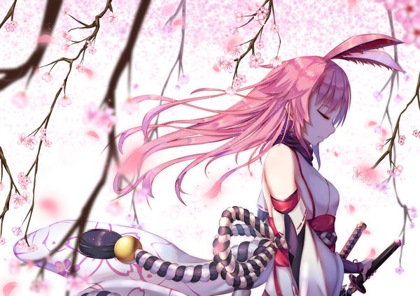 Anime picture 2150x1518 with benghuai xueyuan honkai (series) yae sakura ye zi you bei jiao ju ge single long hair highres animal ears pink hair eyes closed traditional clothes japanese clothes profile wind bunny ears cherry blossoms unsheathing girl weapon detached sleeves