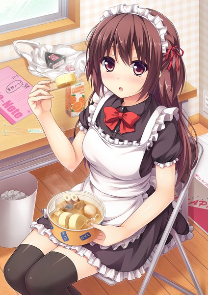 Anime picture 1378x1949 with original nakamura sumikage single long hair tall image looking at viewer blush open mouth brown hair brown eyes maid eating girl thighhighs dress uniform black thighhighs headdress maid headdress