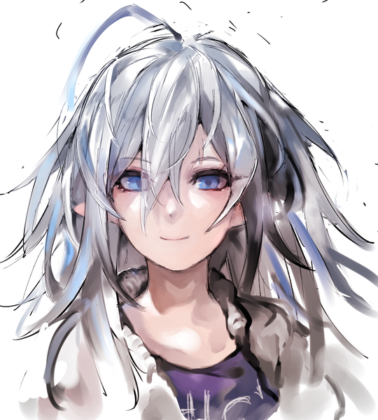 Anime picture 1800x2000 with original maido mido single long hair tall image looking at viewer fringe highres blue eyes simple background smile hair between eyes white background silver hair ahoge pointy ears portrait messy hair sketch girl
