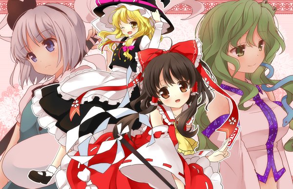 Anime picture 1200x776 with touhou hakurei reimu kirisame marisa konpaku youmu kochiya sanae kurot long hair short hair blue eyes black hair blonde hair multiple girls brown eyes green eyes yellow eyes white hair green hair group miko girl