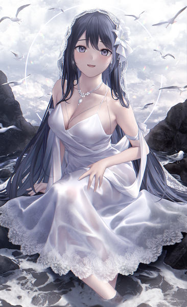 Anime picture 2460x4035 with original mhru single long hair tall image looking at viewer blush fringe highres breasts open mouth light erotic black hair smile large breasts sitting bare shoulders signed sky cleavage