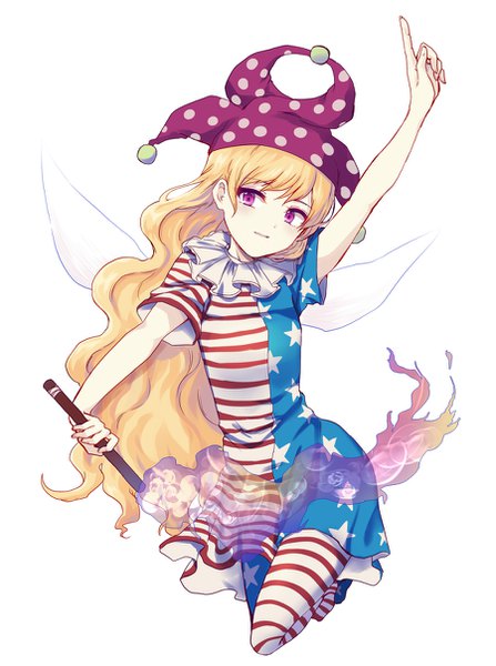Anime picture 900x1207 with touhou clownpiece uranaishi (miraura) single long hair tall image simple background blonde hair white background looking away pink eyes arm up striped polka dot jumping pointing star print flag print girl hat