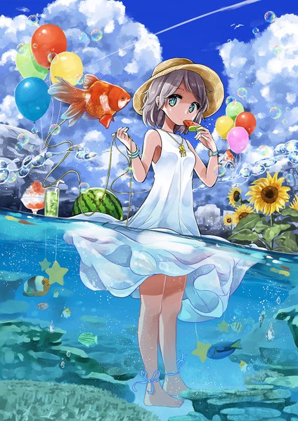 Anime picture 1024x1448 with original rainys bill single tall image short hair blue eyes standing looking away sky cloud (clouds) full body barefoot grey hair sleeveless partially submerged summer + + girl flower (flowers) hat
