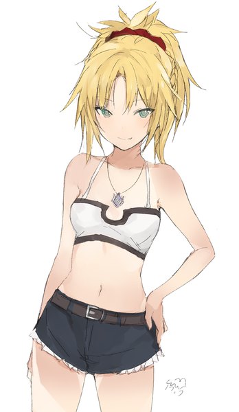 Anime picture 580x1000 with fate (series) fate/apocrypha mordred (fate) lpip single tall image looking at viewer fringe short hair blonde hair simple background smile standing white background bare shoulders green eyes ponytail bare legs midriff hand on hip