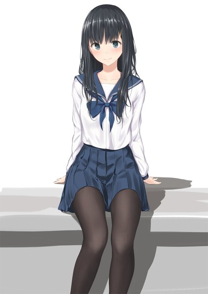 Anime picture 710x1005 with original minagiku single long hair tall image blush blue eyes black hair sitting girl skirt uniform pantyhose serafuku