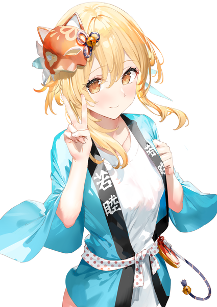 Anime picture 2150x3035 with genshin impact lumine (genshin impact) xkirara39x single tall image fringe highres short hair simple background blonde hair smile hair between eyes white background yellow eyes upper body traditional clothes japanese clothes from above victory mask on head