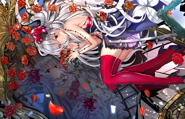 Anime picture 2403x1550 with king's raid jane (king's raid) swordsouls single long hair blush fringe highres breasts light erotic hair between eyes red eyes holding looking away silver hair bent knee (knees) lying parted lips from above high heels
