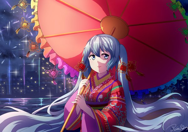 Anime-Bild 1440x1018 mit project diva f 2nd vocaloid hatsune miku pkq single fringe blue eyes hair between eyes twintails holding signed payot blue hair looking away very long hair traditional clothes japanese clothes light smile lips sparkle