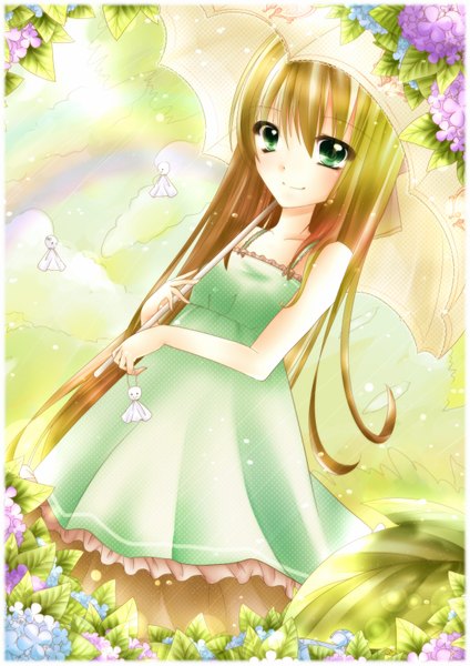 Anime picture 1200x1697 with original saoka (artist) single long hair tall image blonde hair green eyes light smile border girl flower (flowers) umbrella sundress hydrangea