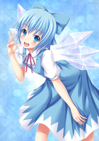 Anime picture 1748x2472 with touhou cirno tomifumi tall image blush highres short hair open mouth blue eyes smile blue hair girl dress hair ornament bow hair bow wings sundress