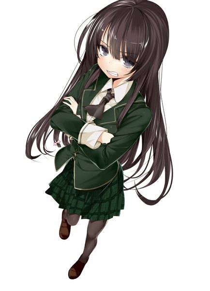 Anime picture 585x807 with boku wa tomodachi ga sukunai mikazuki yozora hullabaloo single long hair tall image looking at viewer fringe simple background brown hair white background brown eyes bent knee (knees) pleated skirt from above plaid skirt crossed arms clenched teeth girl skirt