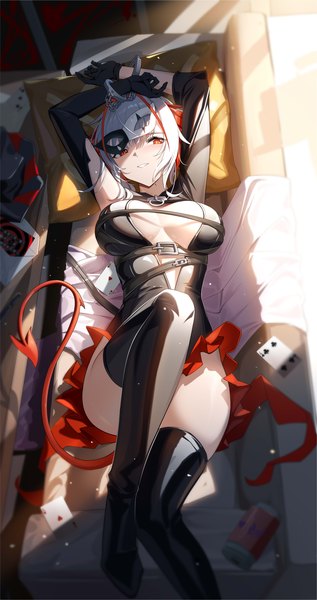 Anime picture 2521x4768 with arknights ambience synesthesia w (arknights) shenqi xiao hong zai nali single tall image looking at viewer fringe highres short hair breasts light erotic red eyes large breasts cleavage white hair indoors tail lying blunt bangs