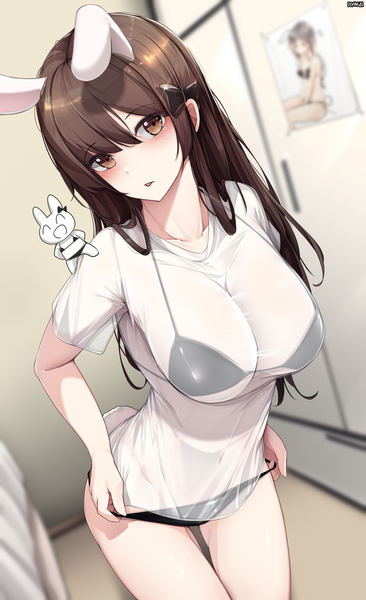 Anime picture 811x1328 with original ddangbi single long hair tall image looking at viewer blush fringe breasts light erotic hair between eyes brown hair large breasts standing brown eyes signed animal ears payot indoors tail