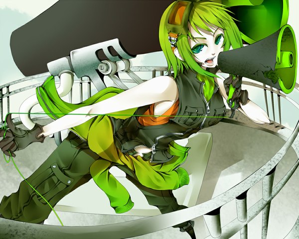 Anime picture 1000x800 with vocaloid koi wa sensou (vocaloid) gumi yukka 91 single short hair open mouth bare shoulders green eyes green hair girl gloves goggles megaphone