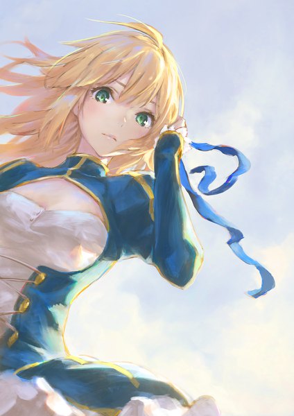 Anime picture 848x1200 with fate (series) fate/stay night artoria pendragon (all) saber hisakata souji single long hair tall image looking at viewer blush fringe short hair breasts blonde hair holding green eyes outdoors long sleeves wind lips