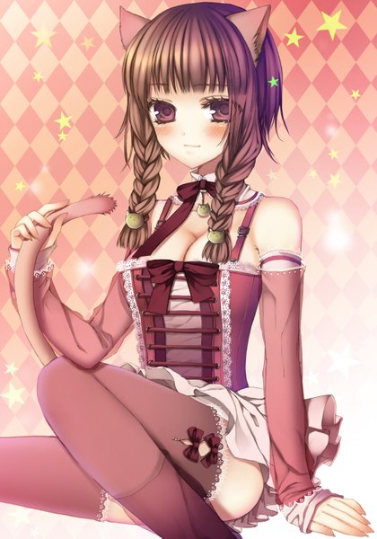 Anime picture 1000x1427 with original tsukino omame single long hair tall image blush red eyes brown hair animal ears braid (braids) cat ears cat girl cat tail girl thighhighs dress detached sleeves