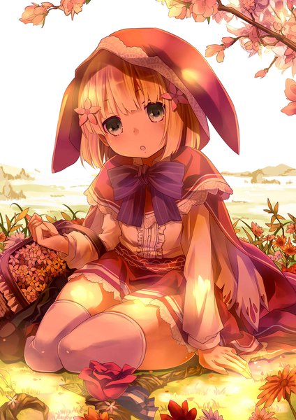Anime picture 1240x1754 with little red riding hood grimms notes square enix grimm's fairy tales little red riding hood (character) 54hao single tall image looking at viewer blush fringe short hair open mouth light erotic blonde hair sitting green eyes full body bent knee (knees) blunt bangs