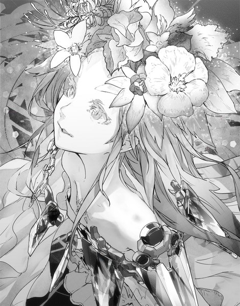 Anime picture 840x1069 with beatless snowdrop redjuice long hair tall image bare shoulders hair flower light smile from above monochrome looking up girl hair ornament flower (flowers) higanbana