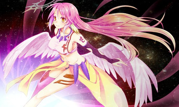 Anime picture 1024x614 with no game no life madhouse jibril (no game no life) mano (pixiv 4382073) single long hair blush fringe breasts light erotic hair between eyes wide image large breasts yellow eyes payot looking away pink hair light smile midriff tattoo