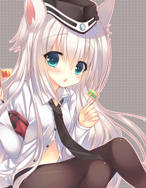 Anime picture 2100x2700 with original suzunone rena single long hair tall image looking at viewer blush highres open mouth blue eyes animal ears white hair girl pantyhose necktie field cap