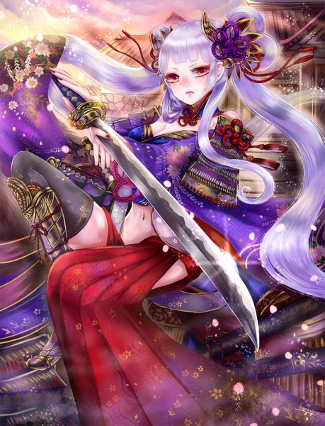 Anime picture 1147x1500 with original haruci single tall image looking at viewer red eyes twintails white hair long sleeves very long hair girl thighhighs dress navel hair ornament weapon black thighhighs petals sword boots