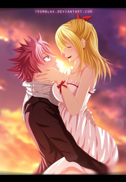 Anime picture 906x1306 with fairy tail lucy heartfilia natsu dragneel tremblax long hair tall image blush short hair open mouth blue eyes blonde hair smile bare shoulders pink hair sky cloud (clouds) eyes closed profile couple hug