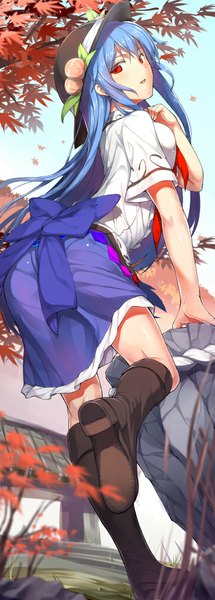 Anime picture 359x1000 with touhou hinanawi tenshi neropaso single long hair tall image looking at viewer blush fringe breasts red eyes standing blue hair purple hair bent knee (knees) parted lips head tilt looking back multicolored hair from below