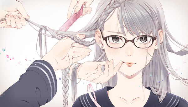 Anime picture 2158x1240 with original kaisen long hair looking at viewer fringe highres wide image silver hair braid (braids) fingernails grey eyes solo focus hand on another's face hairdressing girl uniform school uniform earrings glasses serafuku