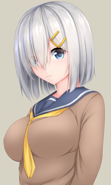 Anime picture 1500x2500 with kantai collection hamakaze destroyer tapisuke single tall image fringe short hair breasts blue eyes simple background white hair hair over one eye grey background girl sailor suit