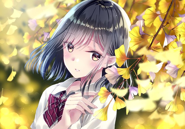 Anime picture 1428x1000 with original kobayashi chisato single looking at viewer blush fringe short hair black hair yellow eyes upper body parted lips light smile lens flare girl shirt white shirt bowtie leaf (leaves) autumn leaves ginkgo