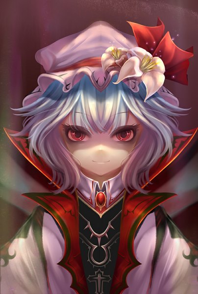 Anime picture 800x1186 with touhou remilia scarlet aurora rokudo single tall image looking at viewer short hair red eyes blue hair hair flower light smile girl dress hair ornament flower (flowers) bonnet