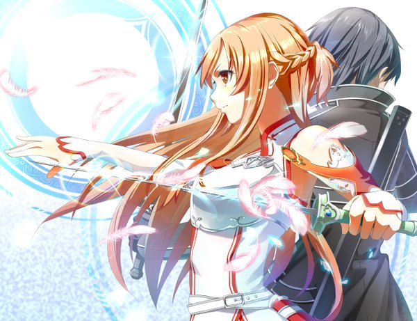 Anime picture 2600x2000 with sword art online a-1 pictures yuuki asuna kirigaya kazuto miso ni long hair highres short hair black hair red eyes brown hair girl boy weapon sword feather (feathers) cloak