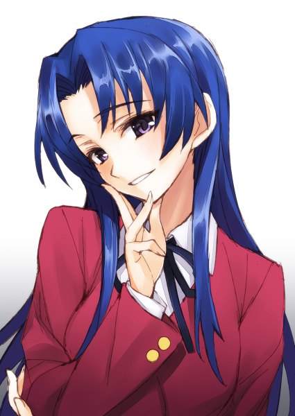 Аниме картинка 850x1200 с торадора! j.c. staff kawashima ami matsuryuu один (одна) длинные волосы высокое изображение смотрит на зрителя простой фон улыбка фиолетовые глаза синие волосы градиентный фон девушка форма школьная форма куртка