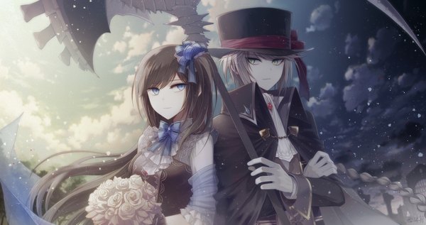 Anime picture 1750x925 with original angel31424 long hair fringe highres blue eyes blonde hair hair between eyes brown hair wide image standing holding signed yellow eyes sky cloud (clouds) braid (braids) night night sky one side up