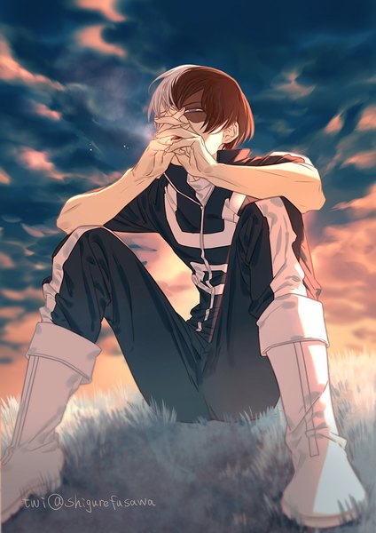 Anime picture 800x1131 with boku no hero academia studio bones todoroki shouto torinmo single tall image fringe short hair open mouth blue eyes hair between eyes sitting signed sky cloud (clouds) full body bent knee (knees) outdoors white hair red hair
