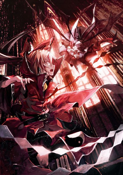 Anime picture 561x800 with touhou koumajou densetsu hakurei reimu remilia scarlet banpai akira long hair tall image short hair open mouth red eyes brown hair multiple girls brown eyes silver hair indoors traditional clothes teeth from below fang (fangs) flying