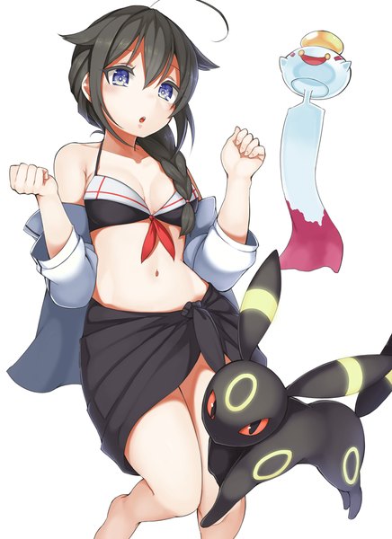 Anime picture 840x1154 with kantai collection pokemon nintendo shigure destroyer umbreon chimecho seramikku long hair tall image looking at viewer blush fringe open mouth black hair simple background standing white background purple eyes bare shoulders ahoge