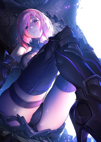 Anime picture 1280x1811 with fate (series) fate/grand order mash kyrielight nene (taiwan) single tall image looking at viewer blush fringe short hair breasts light erotic simple background hair between eyes large breasts white background sitting purple eyes pink hair bent knee (knees)