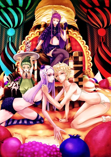 Anime picture 2481x3508 with minusion long hair tall image fringe highres short hair breasts light erotic blonde hair sitting purple eyes multiple girls green eyes yellow eyes pink hair purple hair pink eyes hair flower green hair shiny skin