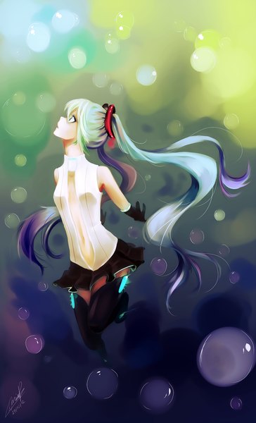 Anime picture 1800x2964 with vocaloid vocaloid append hatsune miku hatsune miku (append) tall image highres twintails signed very long hair aqua hair girl thighhighs skirt gloves black thighhighs elbow gloves bubble (bubbles)