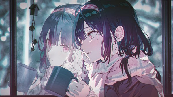 Anime picture 1300x731 with original tokkyu single long hair fringe black hair wide image holding looking away upper body long sleeves parted lips sleeves past wrists reflection girl window scarf headband mug