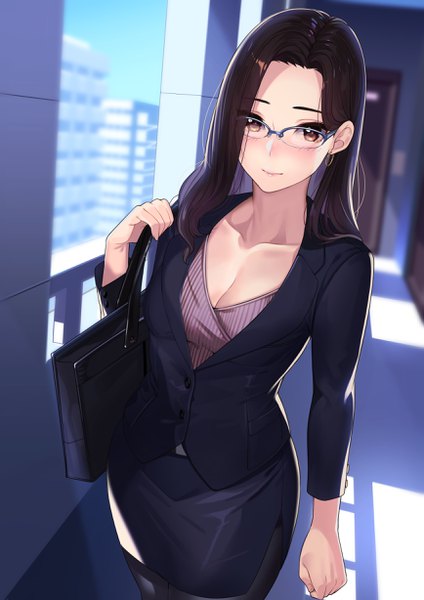 Anime picture 1736x2456 with original kagematsuri single long hair tall image looking at viewer blush fringe highres breasts brown hair standing brown eyes sky cleavage light smile side slit office lady formal girl