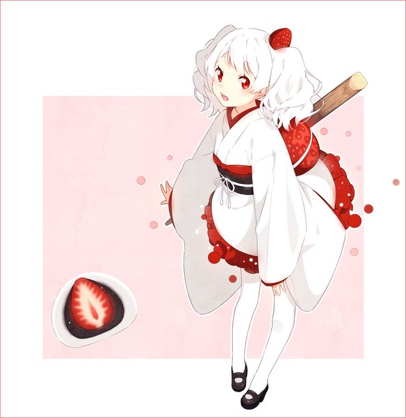 Anime picture 950x976 with original hakusai (tiahszld) single tall image blush fringe short hair open mouth simple background red eyes twintails looking away white hair :o short twintails personification albino girl pantyhose food
