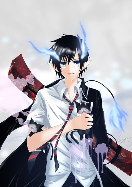 Anime picture 1416x2003 with ao no exorcist a-1 pictures okumura rin kuro (ao no exorcist) single tall image short hair open mouth blue eyes black hair pointy ears open clothes open shirt glowing happy glowing eye (eyes) boy uniform weapon school uniform