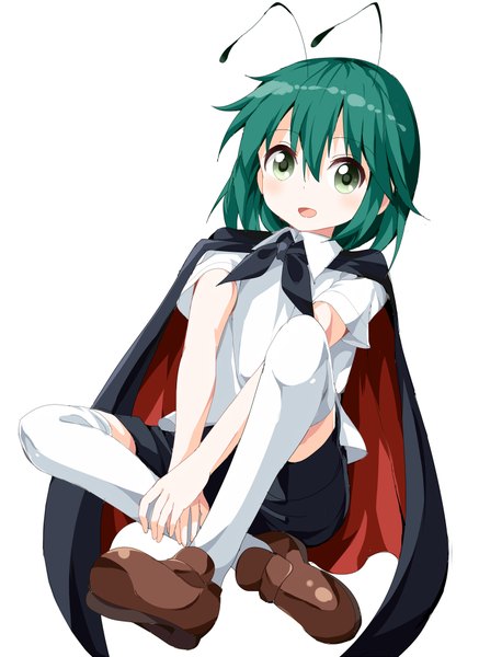 Anime picture 729x1000 with touhou wriggle nightbug ruu (tksymkw) single tall image looking at viewer blush fringe open mouth simple background hair between eyes white background sitting green eyes green hair antennae girl thighhighs white thighhighs shorts