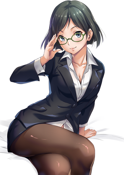 Anime picture 800x1131 with kantai collection kirishima battleship sakiyamama single tall image looking at viewer blush short hair blue eyes black hair crossed legs girl pantyhose glasses black pantyhose suit