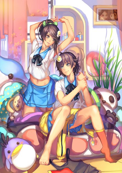 Anime picture 827x1169 with bakemonogatari shaft (studio) monogatari (series) araragi karen araragi tsukihi madyy tall image short hair brown hair sitting multiple girls brown eyes ahoge barefoot bare legs girl skirt navel hair ornament 2 girls