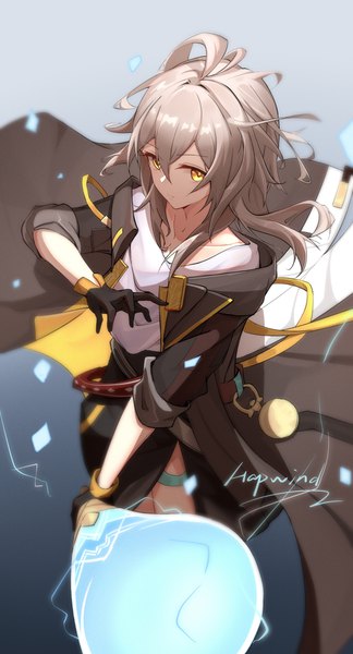 Anime picture 2700x5000 with honkai: star rail honkai (series) trailblazer (honkai: star rail) stelle (honkai: star rail) hapwind single long hair tall image looking at viewer fringe highres hair between eyes brown hair signed yellow eyes from above girl gloves weapon black gloves