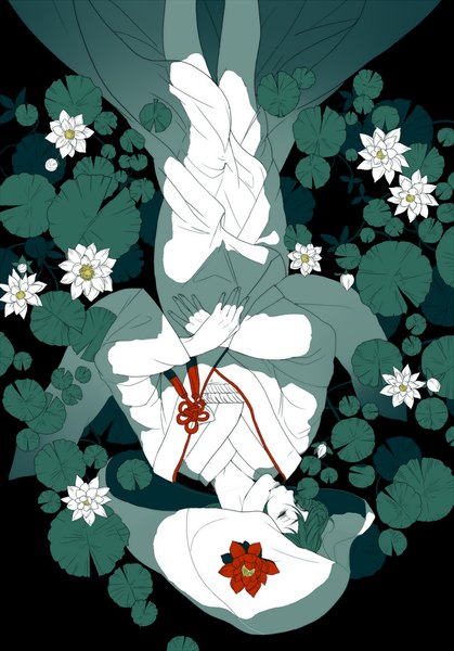 Anime picture 1000x1430 with original emine single tall image fringe lying eyes closed traditional clothes green hair legs pale skin upside down knees touching girl flower (flowers) plant (plants) petals water hood water lily