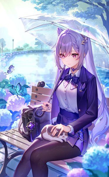 Anime picture 1138x1846 with genshin impact keqing (genshin impact) lightria single long hair tall image fringe hair between eyes sitting purple eyes twintails looking away purple hair outdoors pleated skirt alternate costume rain river transparent umbrella girl